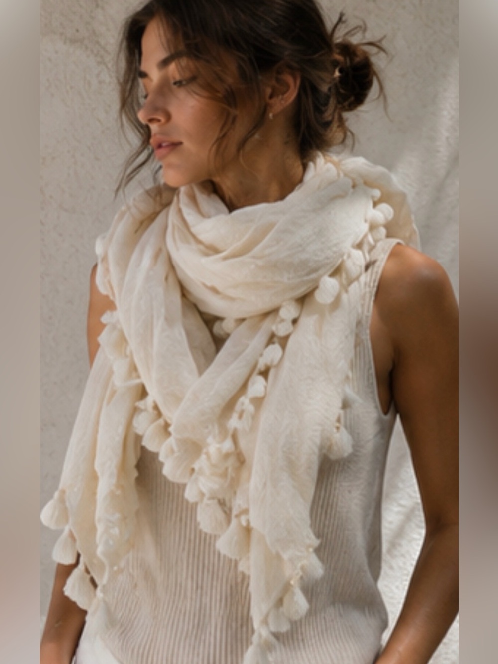 J.Crew Ivory Linen Blend Oversized Tassel Scarf Wrap 81” x 25”